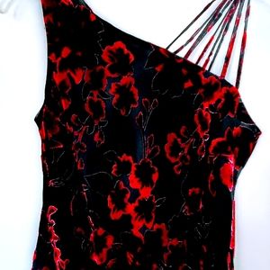 Full length black party dress with red velvet flowers, size 6, like new